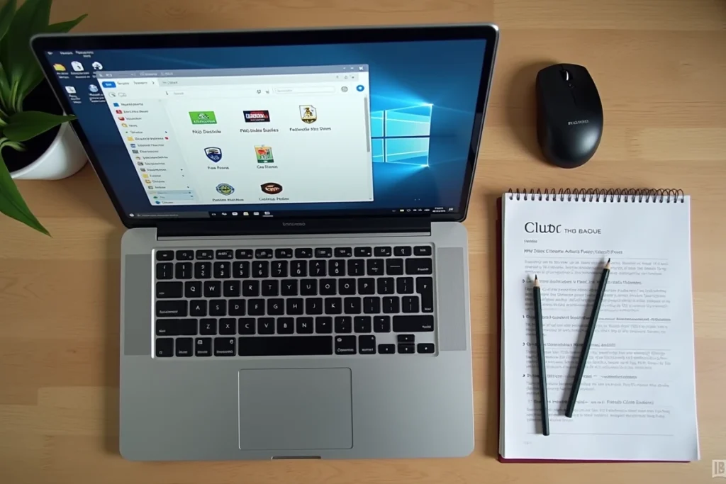 Vue aérienne d'un laptop avec des fichiers de logos de clubs de foot organisés pour Football Manager 2026