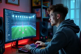 Jeune homme installant des logos de clubs de foot dans Football Manager 2026 sur un PC de bureau
