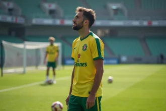 Joueur du FC Nantes en maillot jaune et vert sur le terrain d'entraînement, évoquant les rumeurs de transfert du mercato 2026