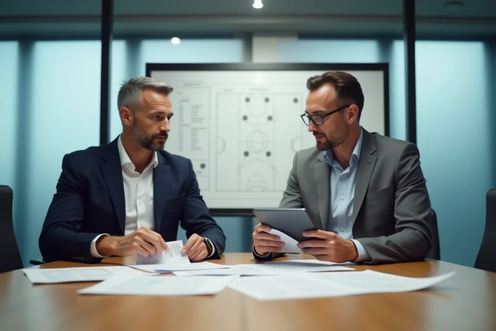 Agents de football en réunion de négociation autour d'une table de conférence, symbolisant les discussions du mercato hivernal de Nantes