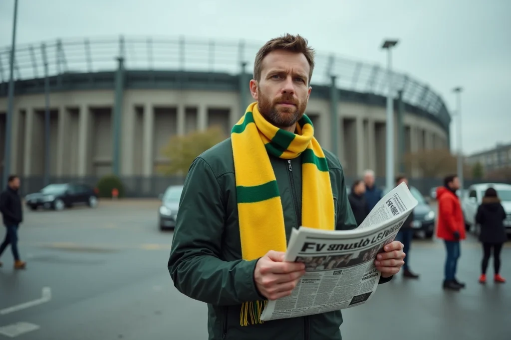 Supporter du FC Nantes devant le Stade de la Beaujoire tenant un journal sportif sur les rumeurs de transfert du mercato 2026