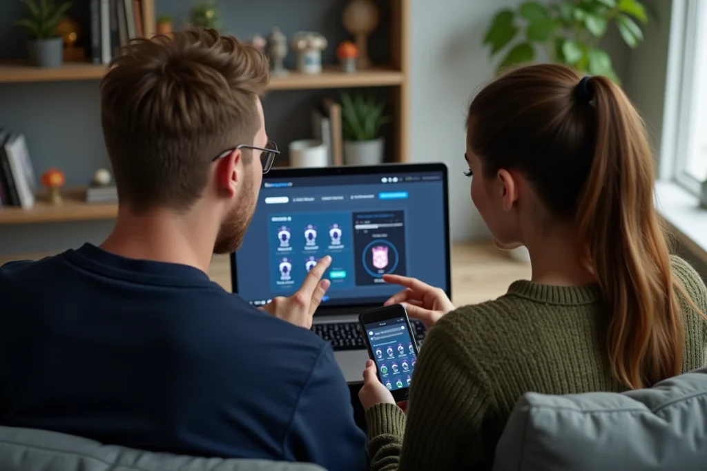 Deux personnes consultant un tutoriel pour intégrer des logos de clubs dans Football Manager 2026