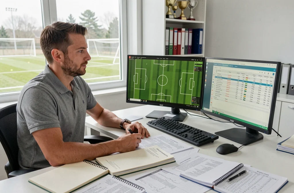 Analyste sportif du Football Club Versailles 78 examinant des statistiques avancées et classements de la saison 2026 sur ordinateur
