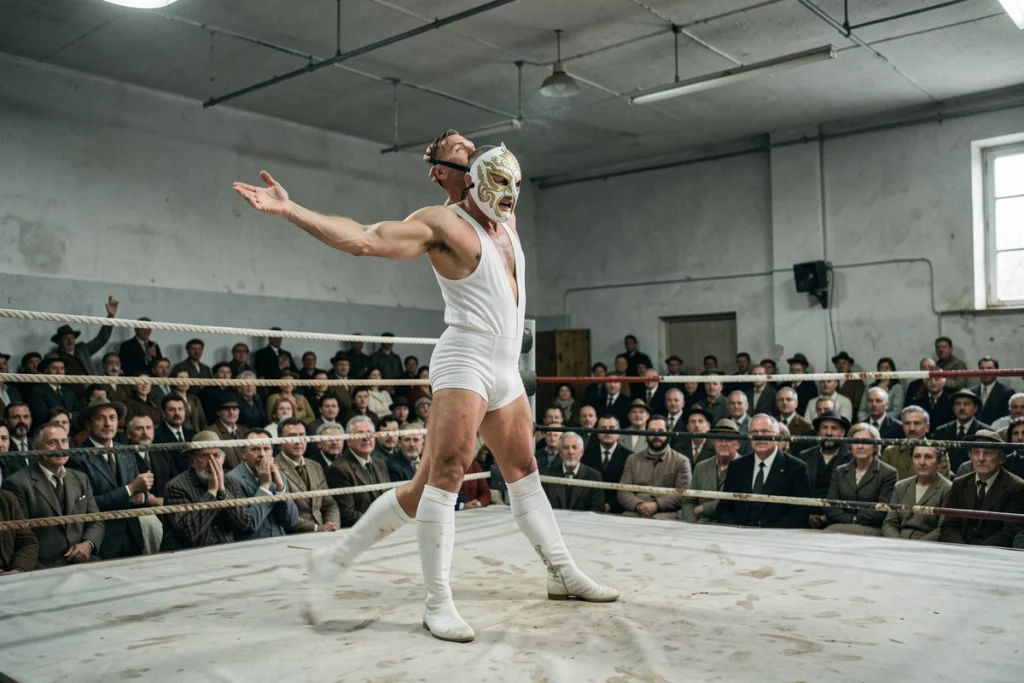 L'Ange Blanc catcheur masqué en pleine action sur le ring dans un gymnase français bondé, atmosphère populaire et dramatique