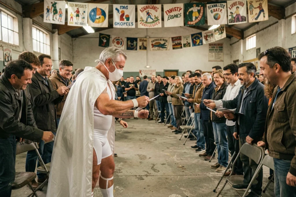 Catcheur masqué L'Ange Blanc signant des autographes pour ses fans dans une salle de sport française, ambiance populaire années 60
