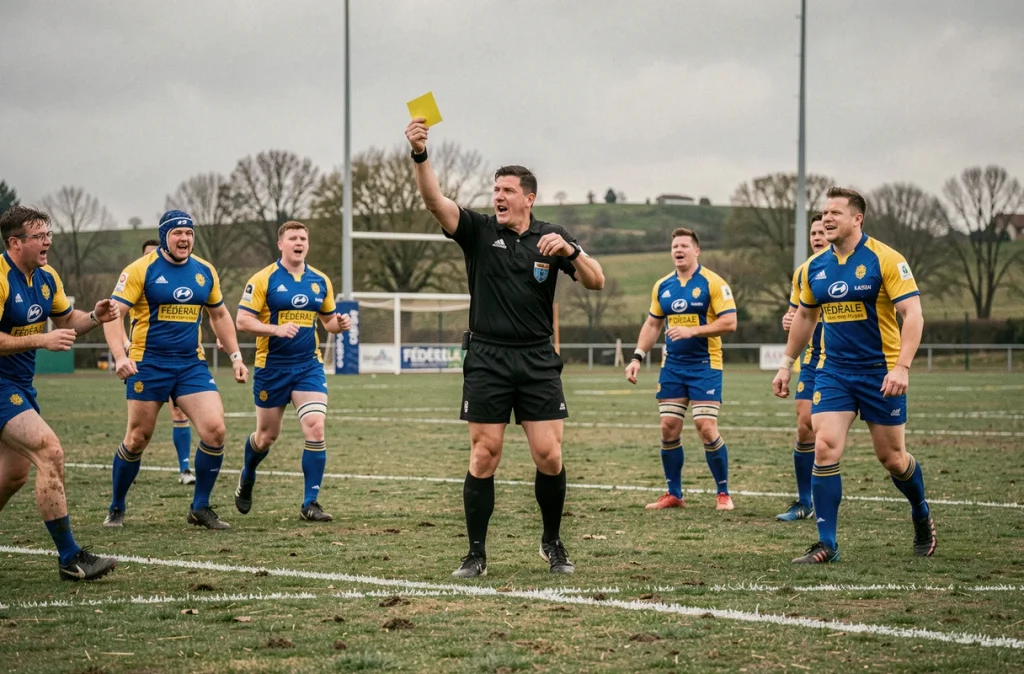 Arbitre de rugby fédéral brandissant un carton jaune entouré de joueurs sur un terrain de rugby régional