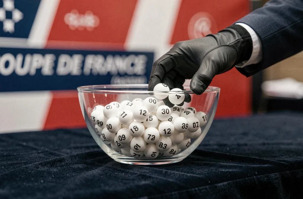 Gros plan sur les boules numérotées lors du tirage des demi-finales de la Coupe de France