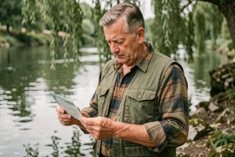 Pêcheur tenant sa carte de pêche annuelle au bord d'une rivière française