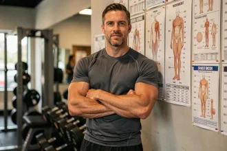 Coach musculaire professionnel debout dans une salle de sport avec des tableaux de mensurations corporelles au mur