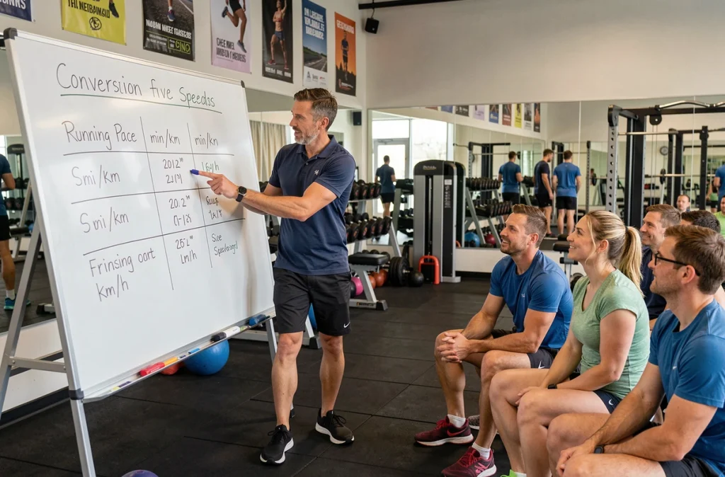 Coach sportif expliquant un tableau de conversion allure min/km et vitesse km/h à un groupe de coureurs dans une salle de sport