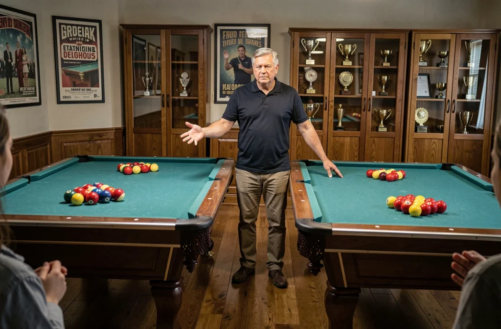 Instructeur de billard comparant le placement des boules entre un billard américain et un billard pool anglais dans un club professionnel