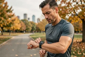 Coureur homme consultant sa montre GPS pour convertir son allure en min/km en km/h sur un chemin de course en ville