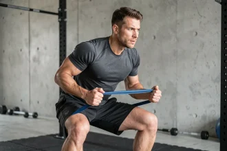 Homme débutant en callisthénie effectuant un squat assisté avec une bande élastique dans un garage gym minimaliste