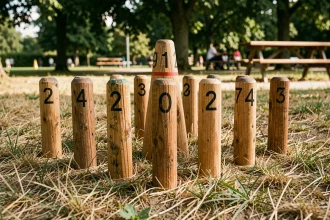 Disposition traditionnelle des quilles de Mölkky en triangle sur l'herbe sèche vue de près