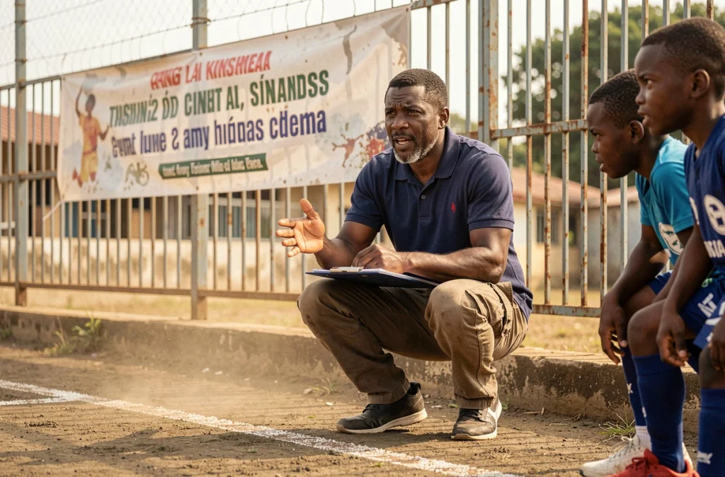 Entraîneur de football congolais donnant des consignes tactiques à de jeunes joueurs dans une académie de formation à Kinshasa, RD Congo