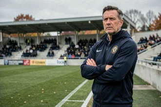 Entraîneur du Football Club Versailles 78 analysant le jeu sur le bord du terrain pendant un match de saison 2026