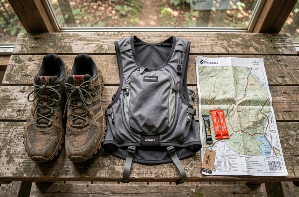 Équipement de trail running préparé avant une course, chaussures et vest de trail posés sur une table