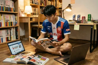 Fan de manga football lisant Blue Lock scantrad entouré de volumes manga dans un appartement japonais