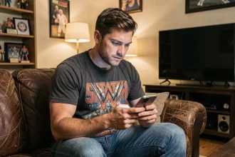 Fan de catch assis sur un canapé en cuir consultant son smartphone pour suivre les rumeurs WWE sans spoilers