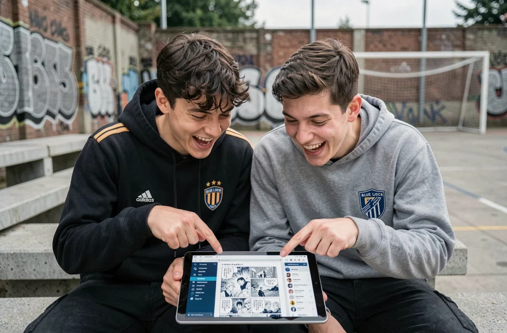 Deux fans de foot manga découvrant Blue Lock scantrad sur tablette dans un espace urbain