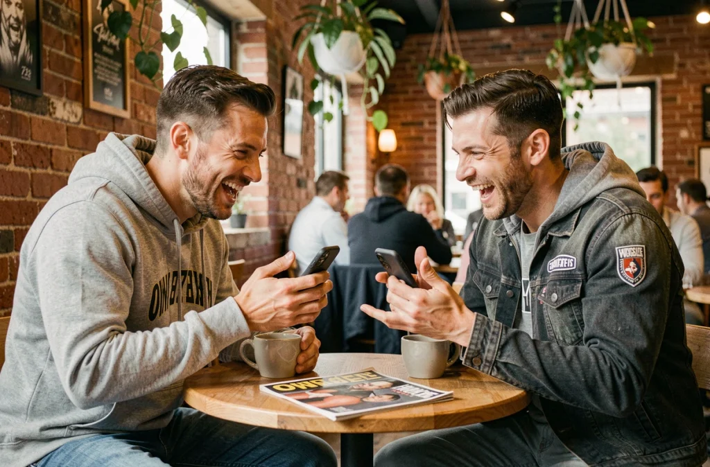 Deux fans de catch discutant de rumeurs WWE autour d'un café dans un café urbain avec un magazine de catch sur la table