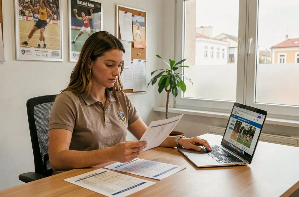 Employée d'une fédération de handball au Portugal consultant des ressources officielles et des sites sportifs depuis son bureau