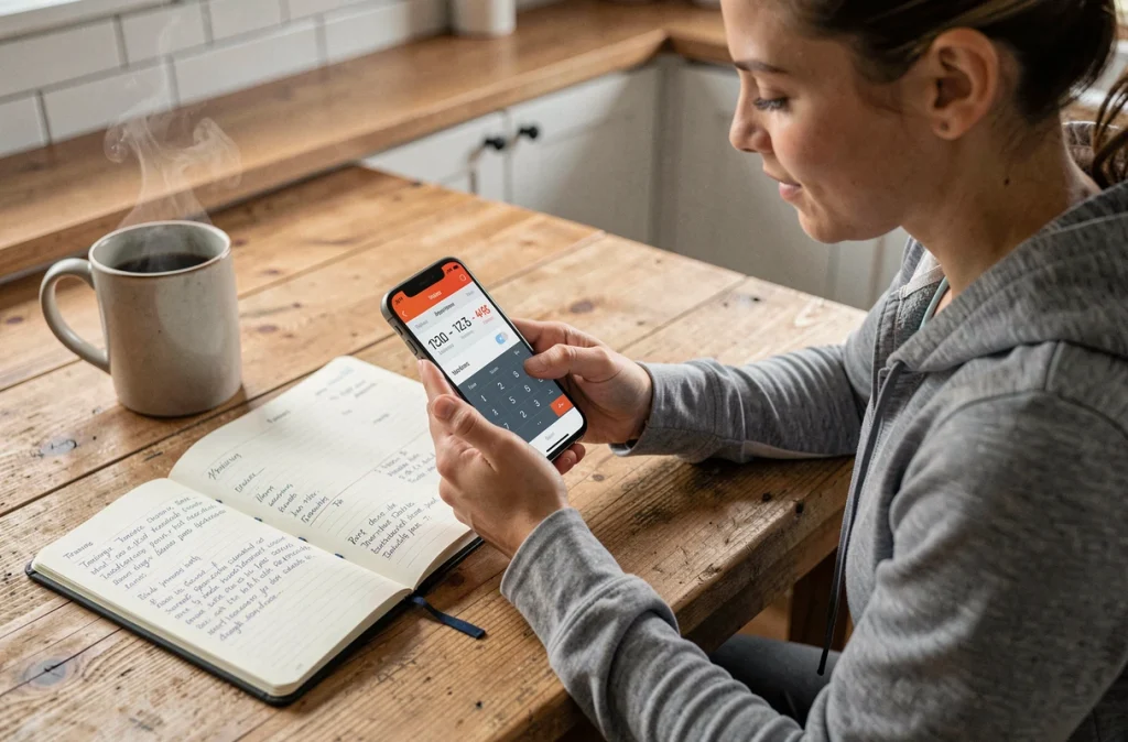 Femme sportive calculant la conversion allure min/km en km/h avec une calculatrice sur smartphone et un carnet d'entraînement