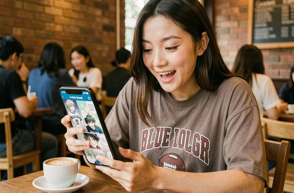 Jeune femme fan de manga lisant Blue Lock scantrad sur smartphone dans un café