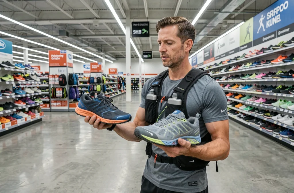 Homme comparant deux paires de chaussures de trail dans une grande enseigne de sport