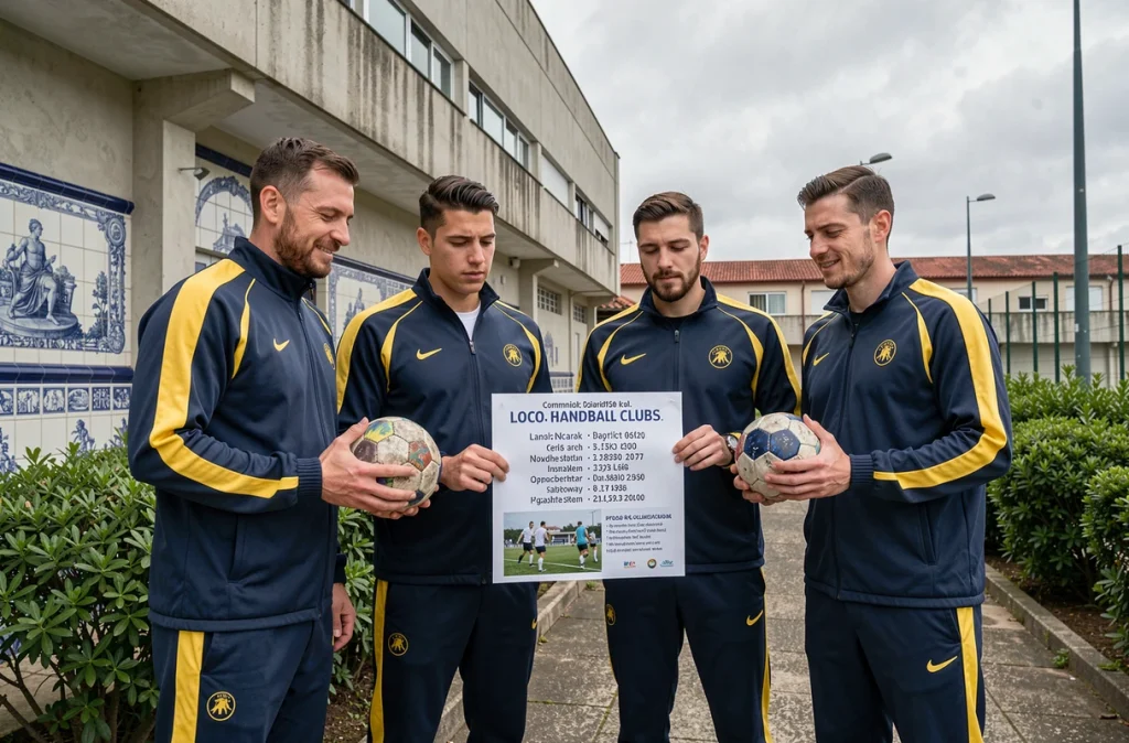 Groupe de joueurs de handball devant un complexe sportif au Portugal, consultant une liste d'adresses et de clubs locaux