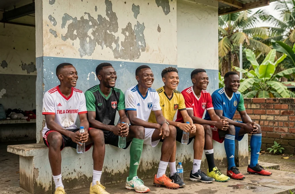 Groupe de jeunes footballeurs congolais se reposant après l'entraînement dans une académie de football en RD Congo, futurs espoirs des Léopards