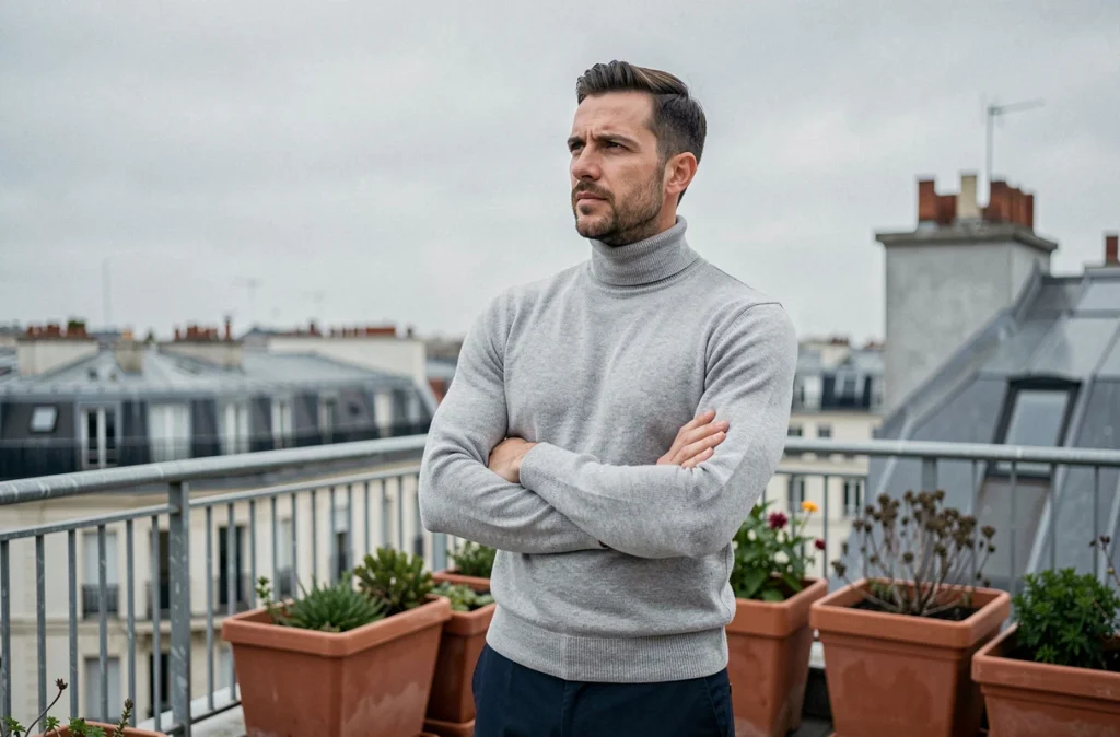 Homme ambitieux et recherché sur une terrasse parisienne, regardant l'horizon avec détermination et assurance professionnelle