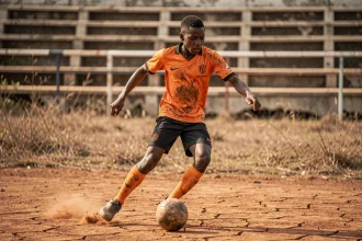 Jeune footballeur congolais en plein entraînement sur un terrain en terre rouge, formation des futurs Léopards de la RD Congo