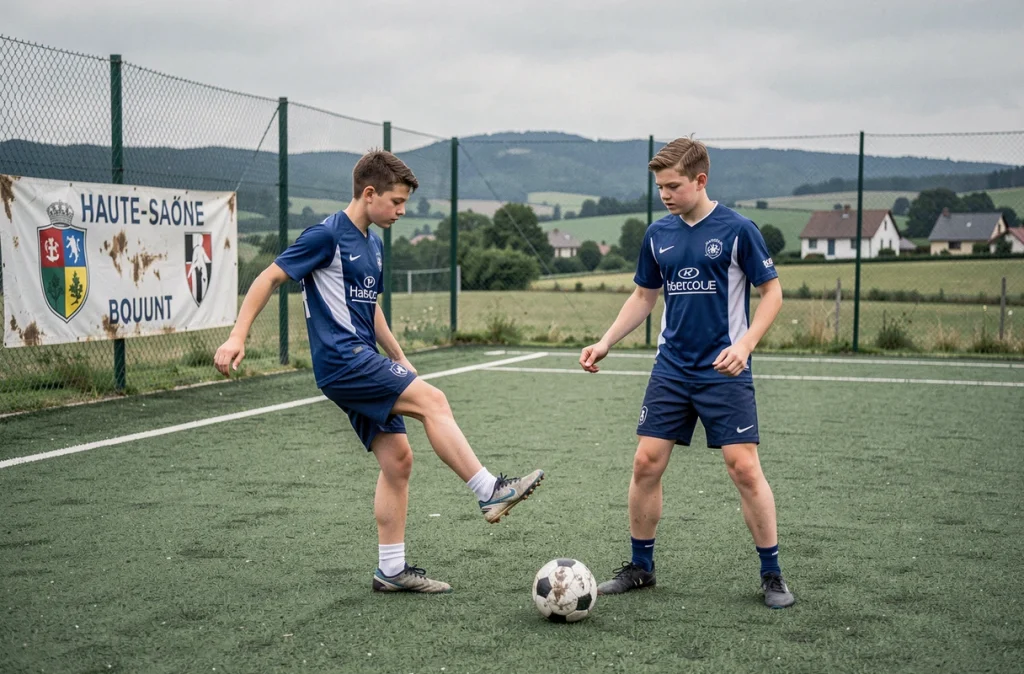 Jeunes footballeurs s'entraînant sur un terrain synthétique d'un club amateur du district de Haute-Saône