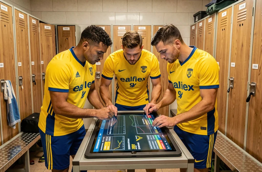 Joueurs du FC Versailles 78 analysant des statistiques avancées sur tablette dans le vestiaire avant un match