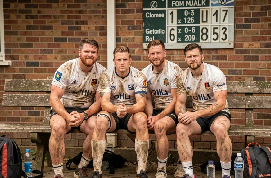 Joueurs de rugby en club assis sur un banc après un match de Fédérale avec un tableau de score en arrière-plan