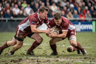 Deux joueurs de rugby amateur en mêlée lors d'un match de Fédérale avec des maillots rouge et blanc sur un terrain herbeux