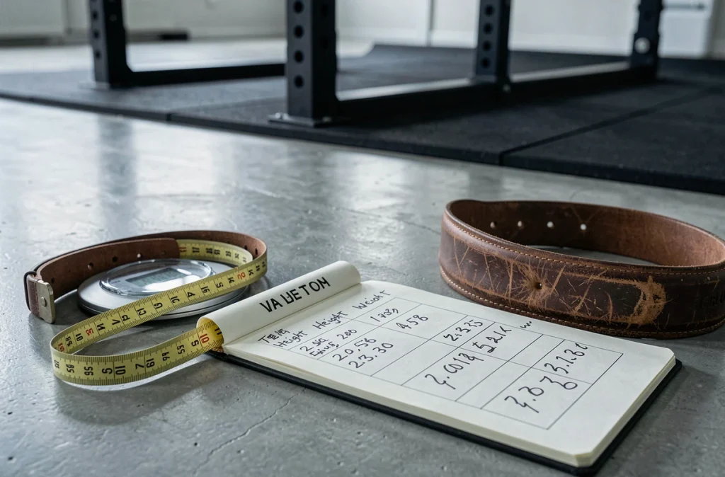 Mètre ruban et balance numérique posés sur le sol d'une salle de musculation avec un carnet d'entraînement ouvert
