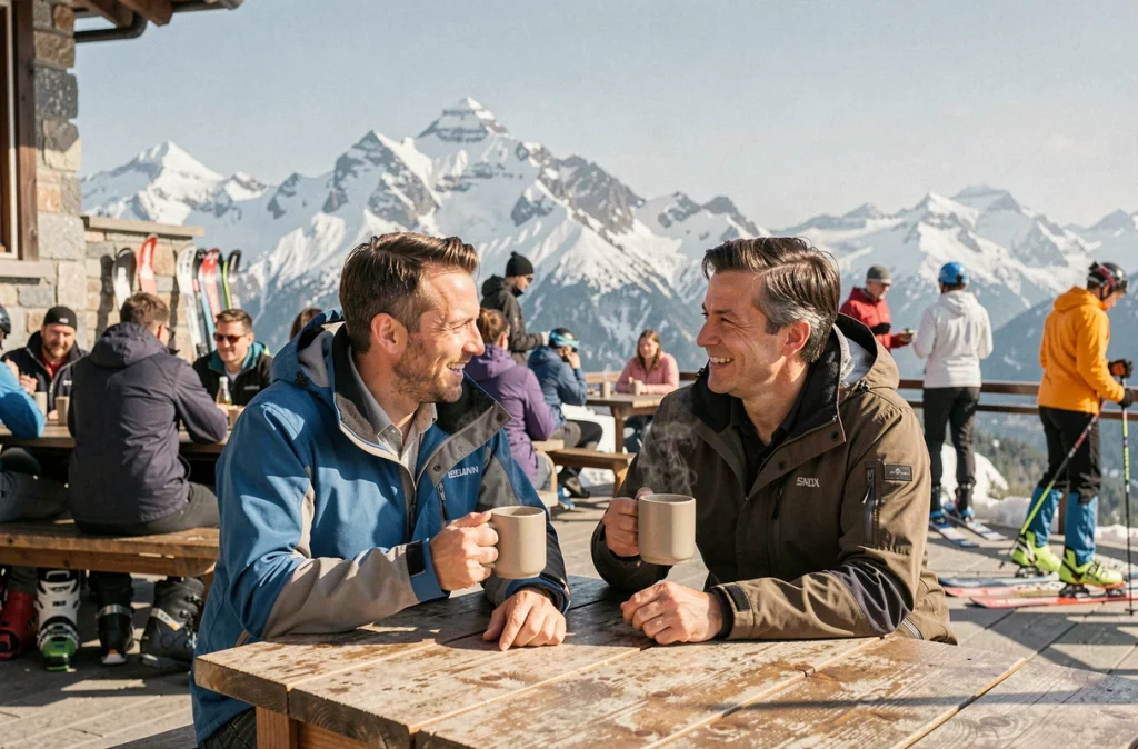 Couple en pause déjeuner sur une terrasse d'altitude aux Menuires avec vue panoramique sur les sommets alpins