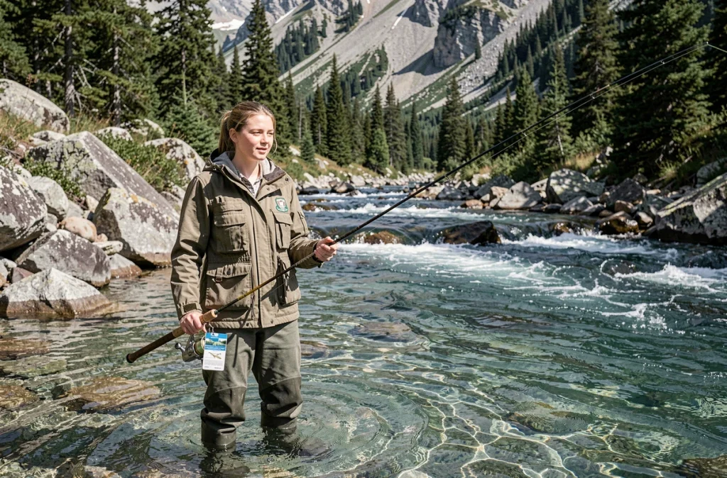 Jeune femme pêchant avec un permis journalier dans un torrent de montagne
