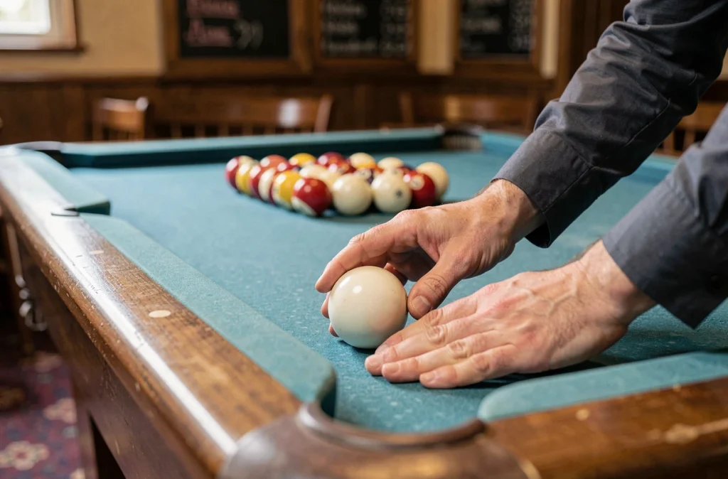 Joueur plaçant la boule blanche sur la ligne de baulk d'un billard pool anglais dans un pub britannique