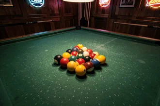 Formation des boules en triangle sur un billard américain pool avec la boule 8 au centre, vue en plongée dans une salle de billard