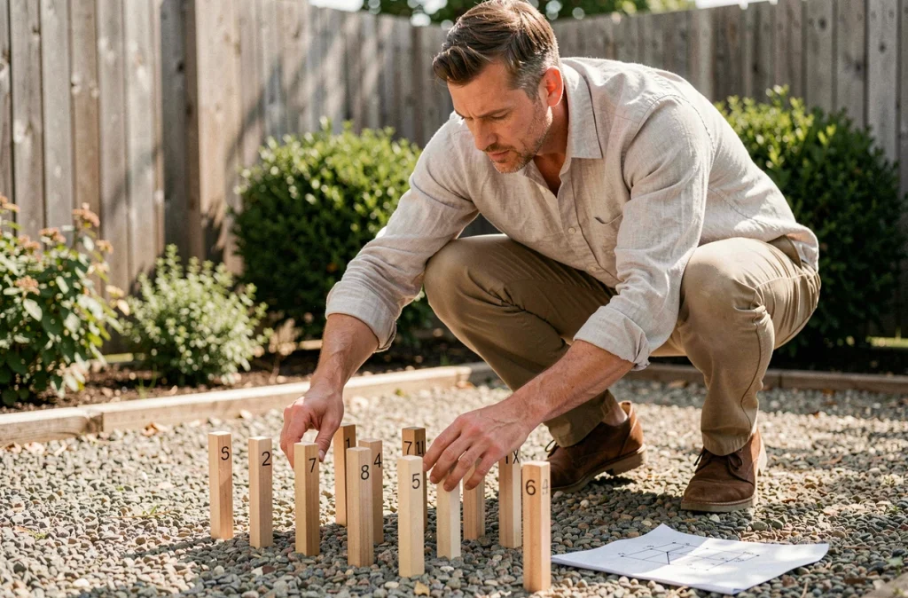 Homme plaçant les quilles de Mölkky en formation de départ sur un terrain en gravier avec un schéma papier