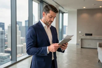 Homme d'affaires professionnel et recherché en costume bleu marine dans un hall de bureau moderne, consultant une tablette avec assurance