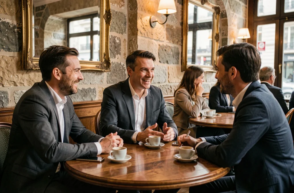 Professionnel influent en réunion informelle dans un café parisien haussmannien, entouré de collègues en discussion animée