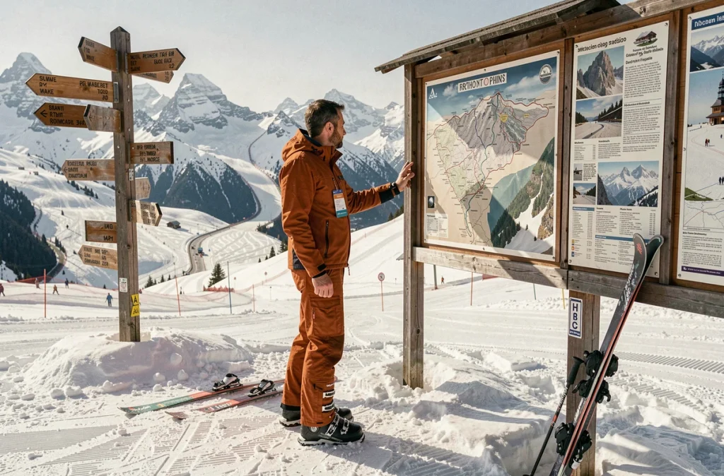 Skieur consultant le plan des pistes des Menuires pour optimiser son itinéraire de ski dans les 3 Vallées