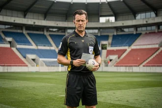 Arbitre tenant une enveloppe lors d'un tirage au sort de la Coupe de France dans un stade de football