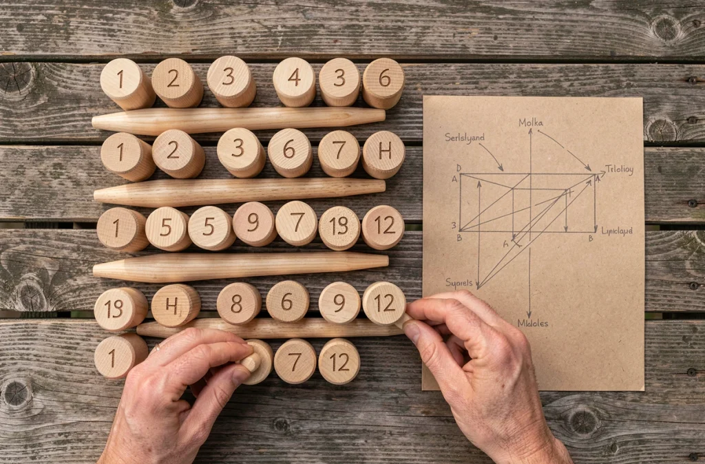 Vue aérienne de la disposition officielle des quilles de Mölkky numérotées sur une table en bois avec schéma annoté