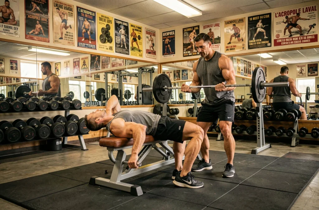 Deux hommes pratiquant le développé couché dans la salle de musculation L'Acropole à Laval