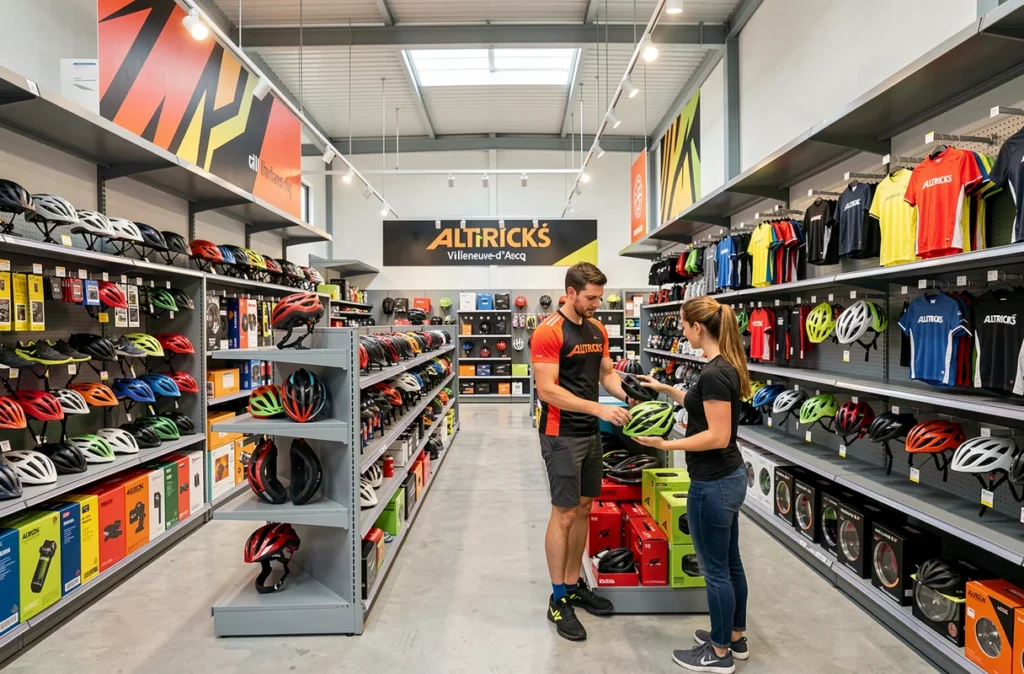 Intérieur du magasin Alltricks Villeneuve-d'Ascq avec de larges rayons d'accessoires vélo et casques